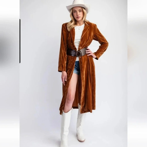 New Easel Camel Ice Velvet Maxi Coat - Picture 2 of 5